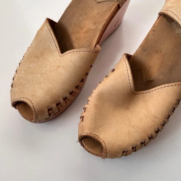No. 6 Clogs Tan Leather Wooden Platform Wedge Sandals Lace Up Peep Toe Size 40 - Picture 3 of 10